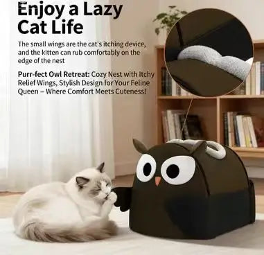 Owl-Shape Cat Cave with Scratcher: Brown, Itch-Relief Wings for Cats ，All-Season