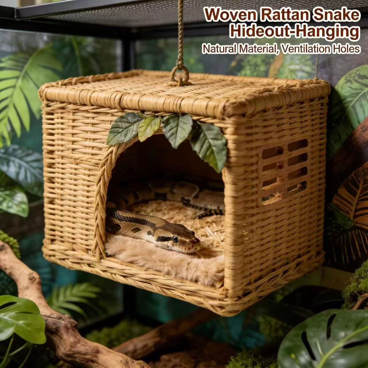 Breathable Rattan Snake Hide: Hanging Design, Cozy Lining, Leaf Accent for Snakes