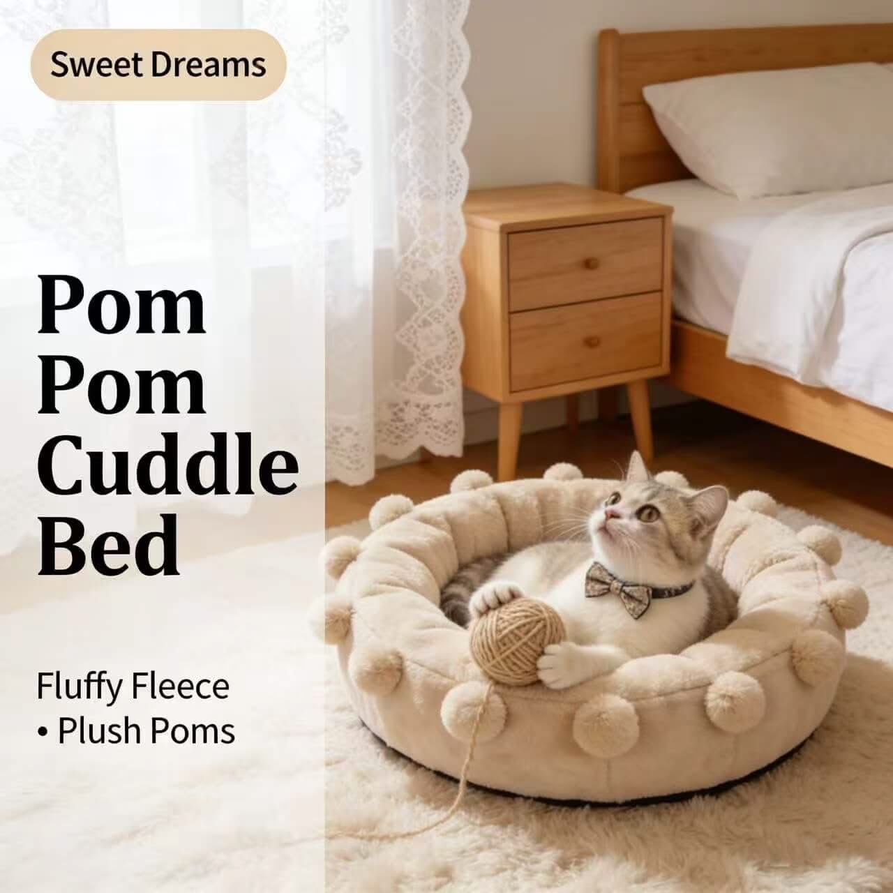 Fluffy Comfort Pet Bed for Cats- Pom-Pom Decor, Plush Fleece, Beige, All-Season