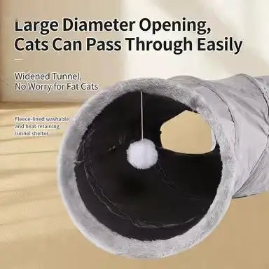 Flexible Interactive-Toy Cat Tunnel: Gray Furry-Trim Design for Cats (All-Season)