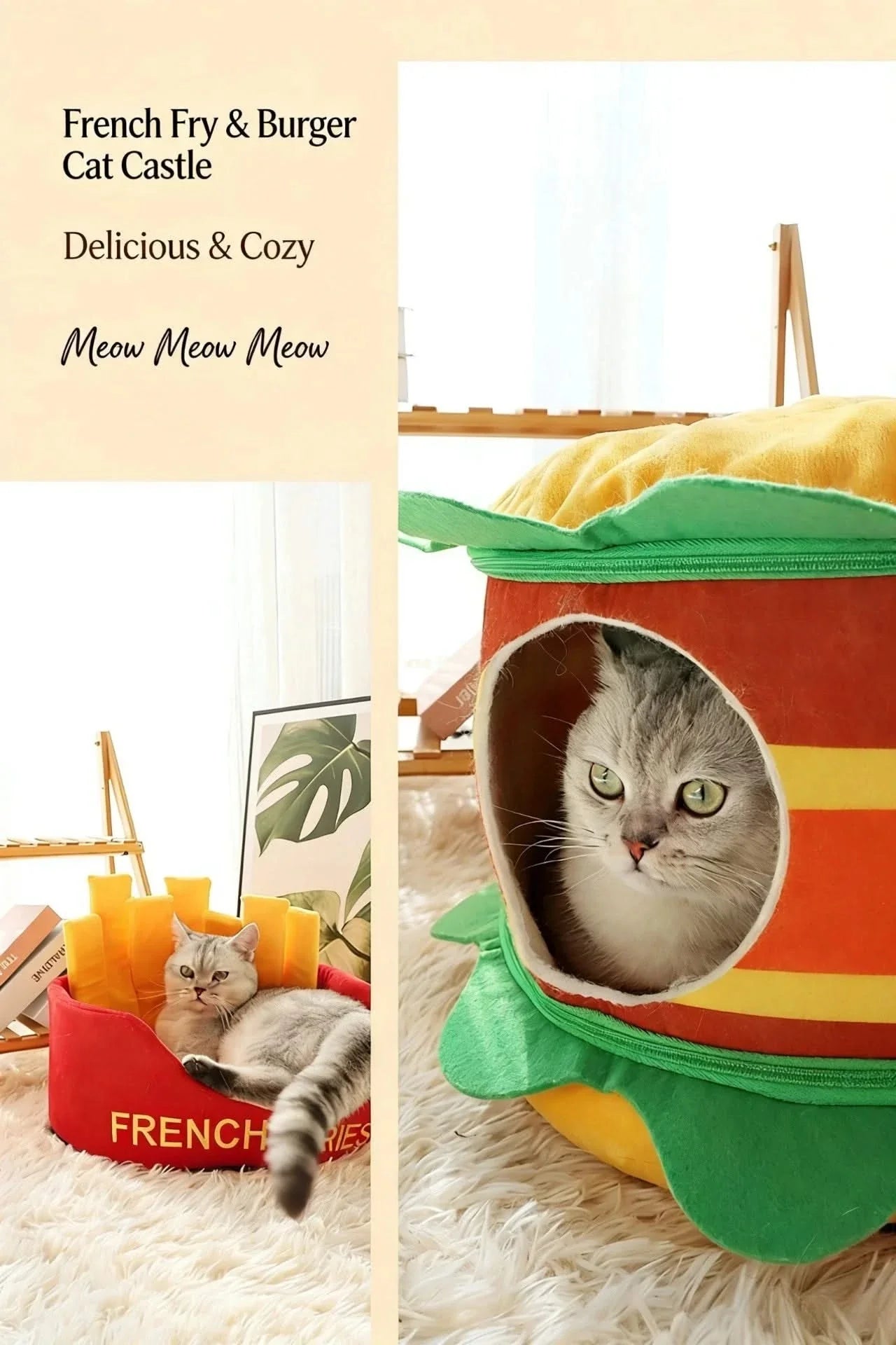  Fun Pet Bed for Cats, Burger Shape, Soft Fabric,  Food Themed, All-Season