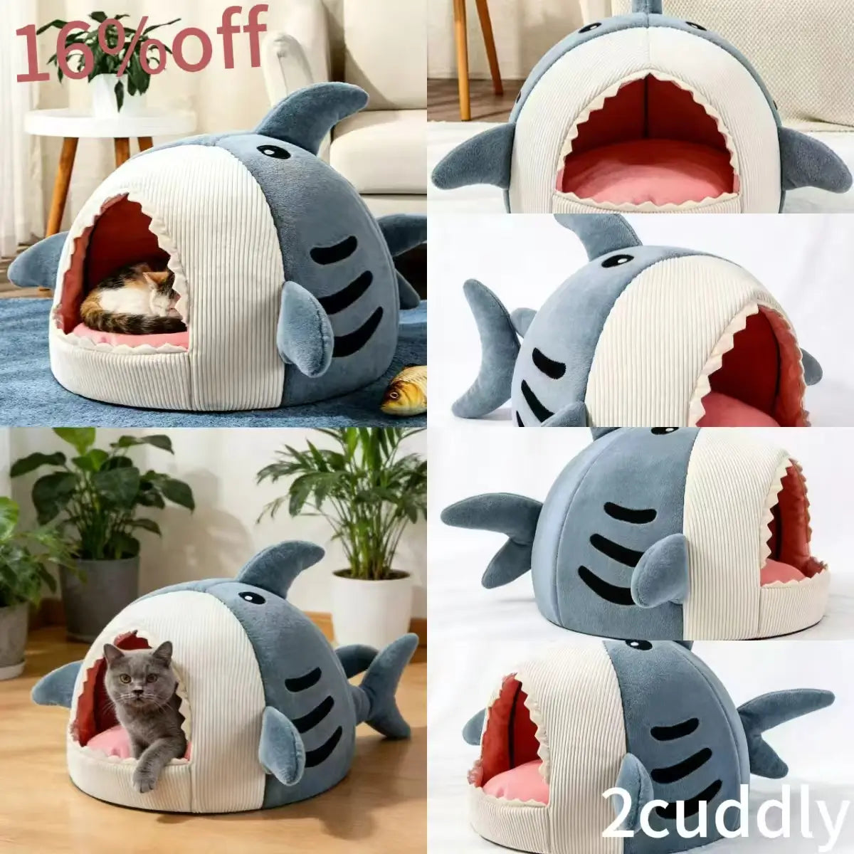 Cat Cave Bed, Shark-Style, Gray/Beige Plush, Cozy Small Cat Sleeping Bed