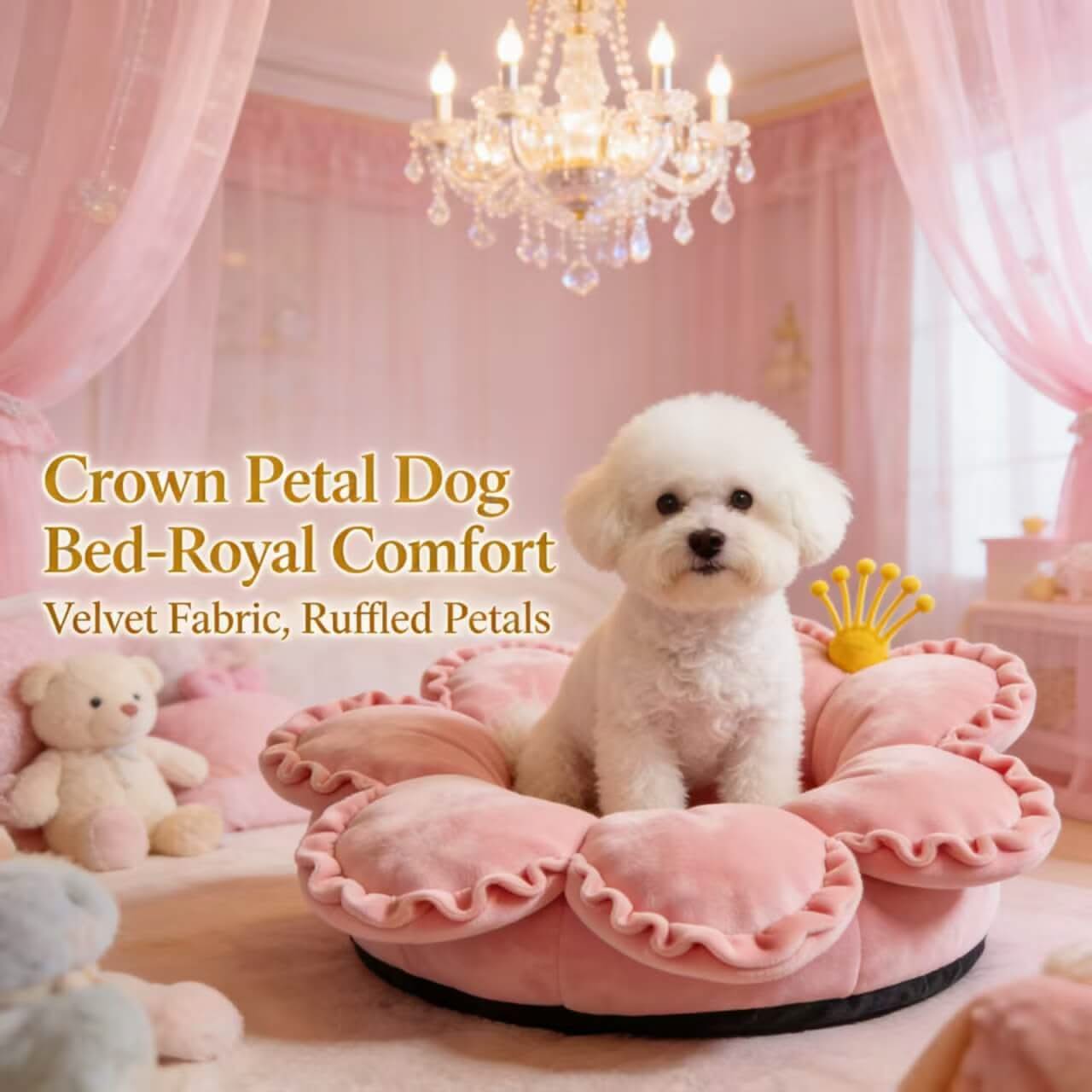 Crown Petal Dog Bed , Velvet Fabric Ruffled Petals Pink for Small Dogs