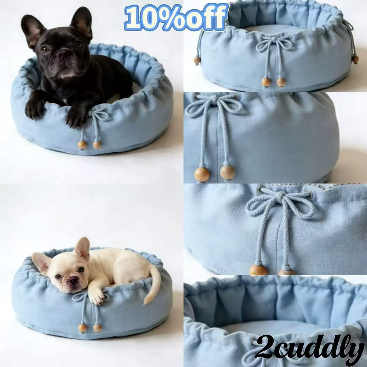 Zen-Style Tea-Room Pet Bed for Dogs - Round, Blue Linen, Adjustable Drawstring, Soft Fit