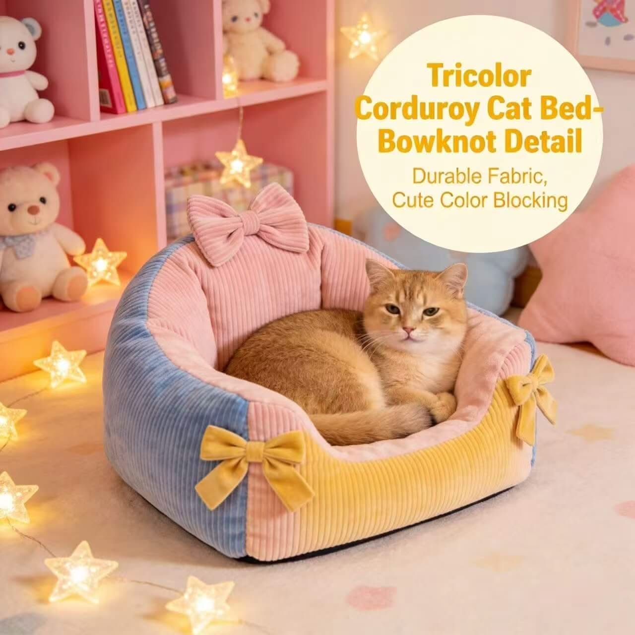 Patchwork Ribbed Pet Bed for Cats - Pink-Blue-Yellow, Bow Decor, Soft Cushion, All-Season