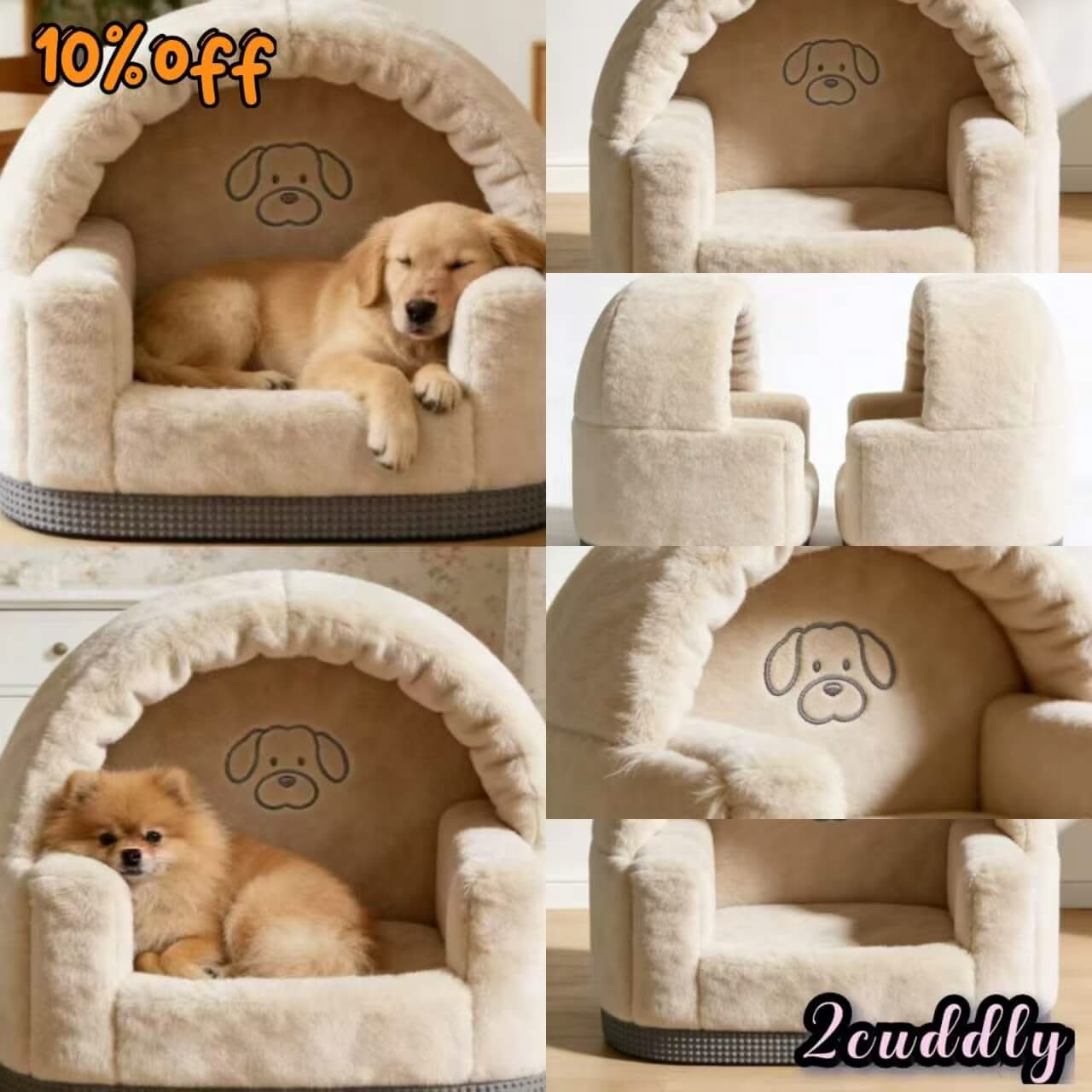 Warm-Retreat Closed Pet Bed for Dogs - Beige, Plush Lining, Cute Embroidery, Non-Slip Bottom