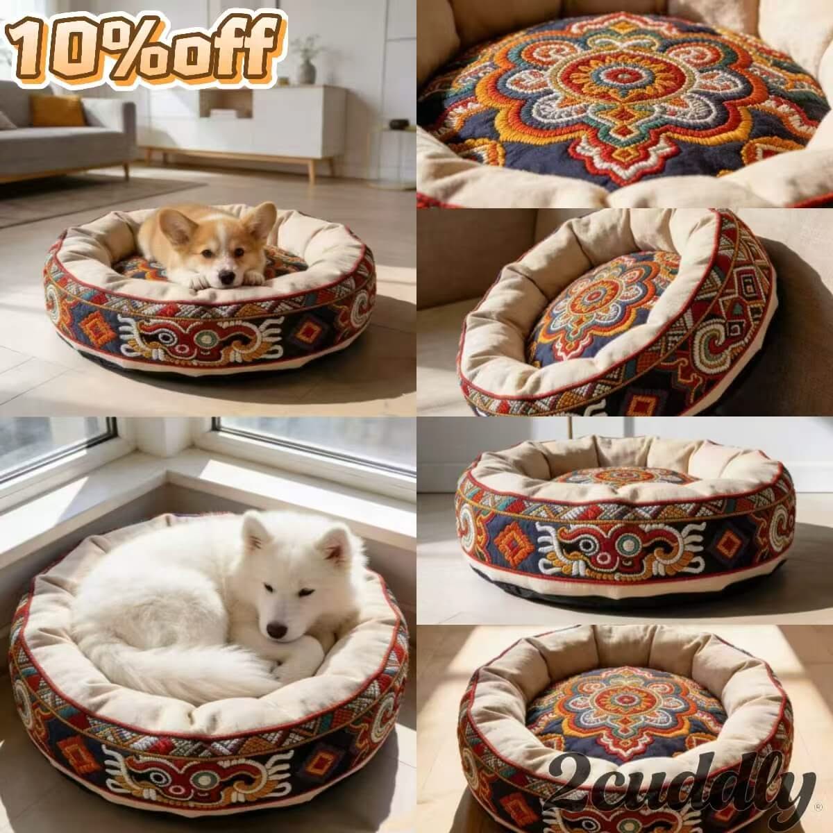 Bohemian Embroidered Pet Bed for Small Dogs – Vibrant Pattern Plush Cushion