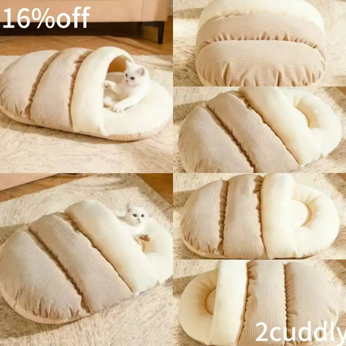 Cozy Dual-Texture Cat Bed: Beige & Cream, Plush Rest Space for Cats