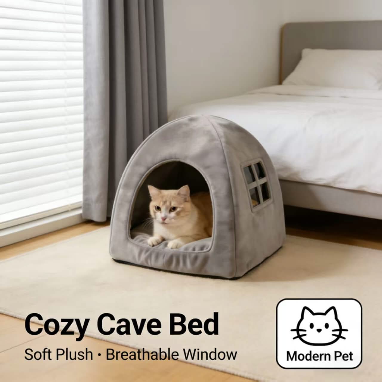 Cozy Pet Cave Bed for Cats - Gray, Tent Design, Window Decor, Soft Plush