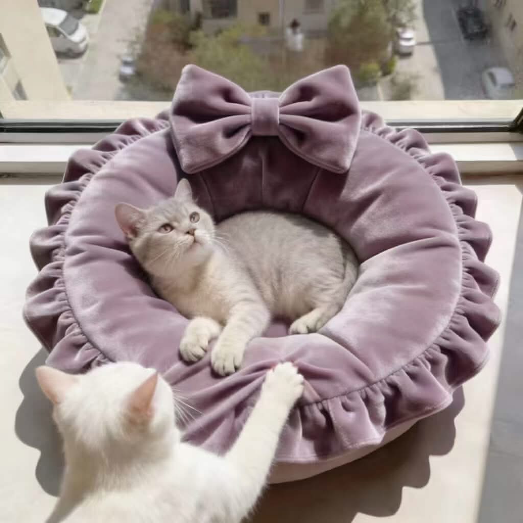 Soft Velvet Pet Bed for Cats - Lavender, Round, Bow Decor, Ruffled Trim