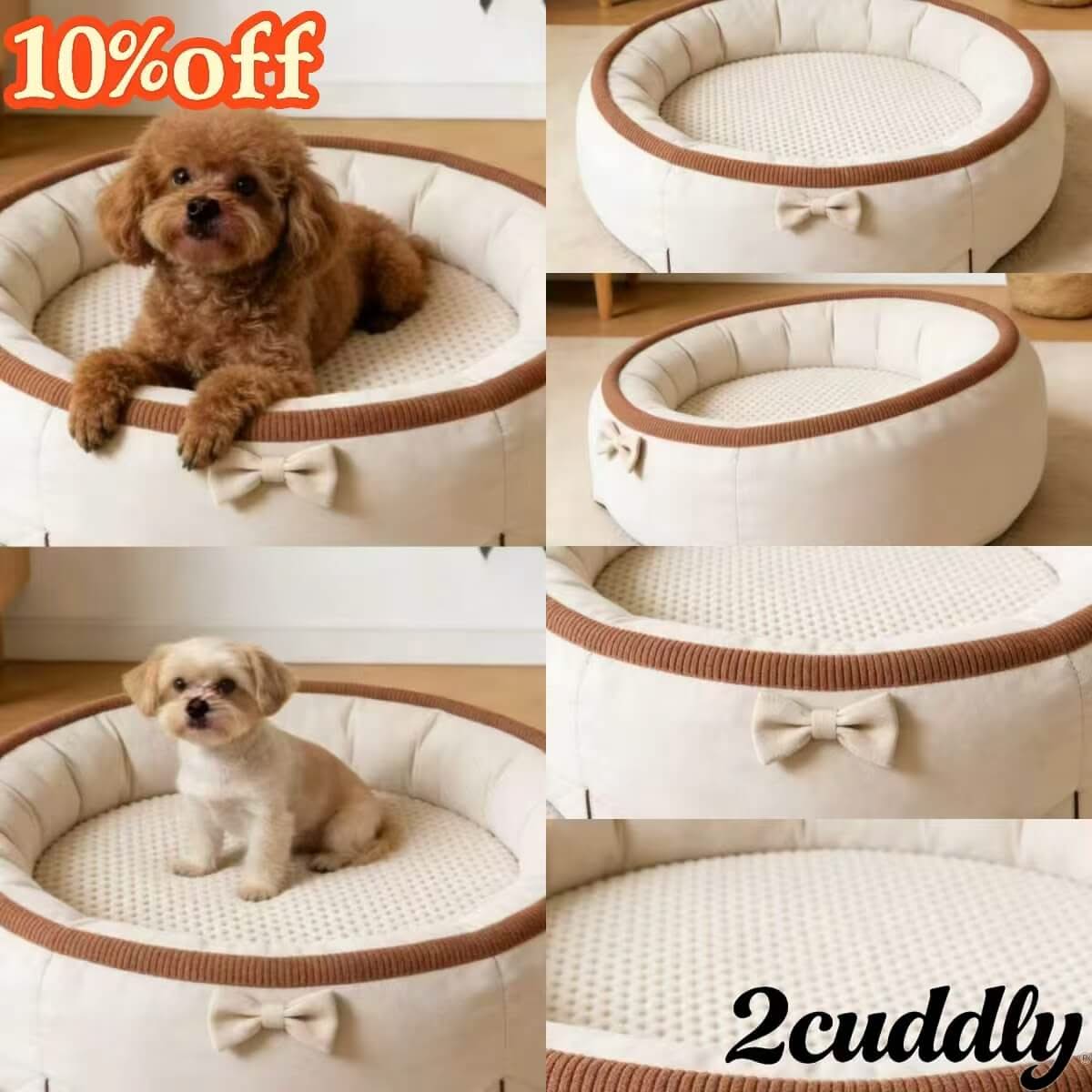 Dog Bed, Round Type, Bowknot, Beige/Brown, Breathable Mesh, Nordic All-Season Bed