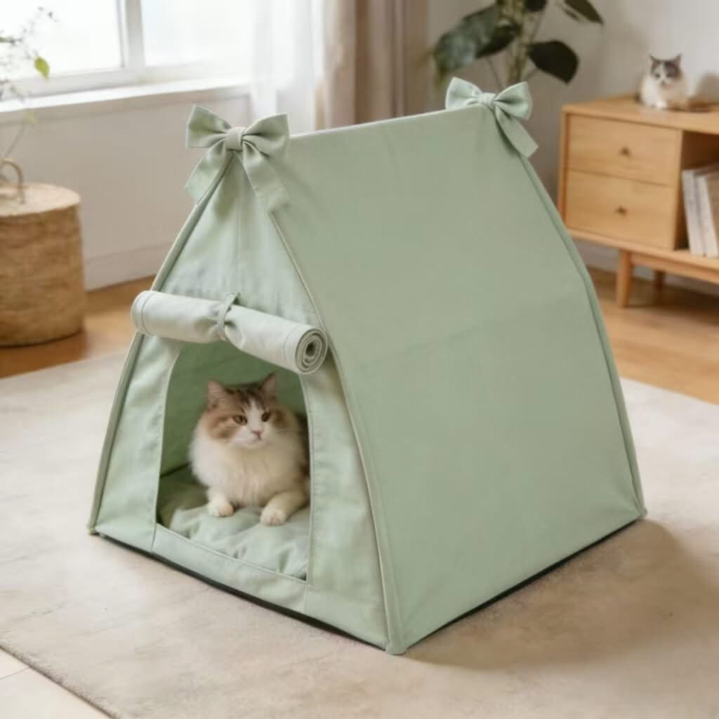 Private Pet Tent Bed for Cats - Mint Green, Bow Decor, Fabric, Cozy Hiding Spot