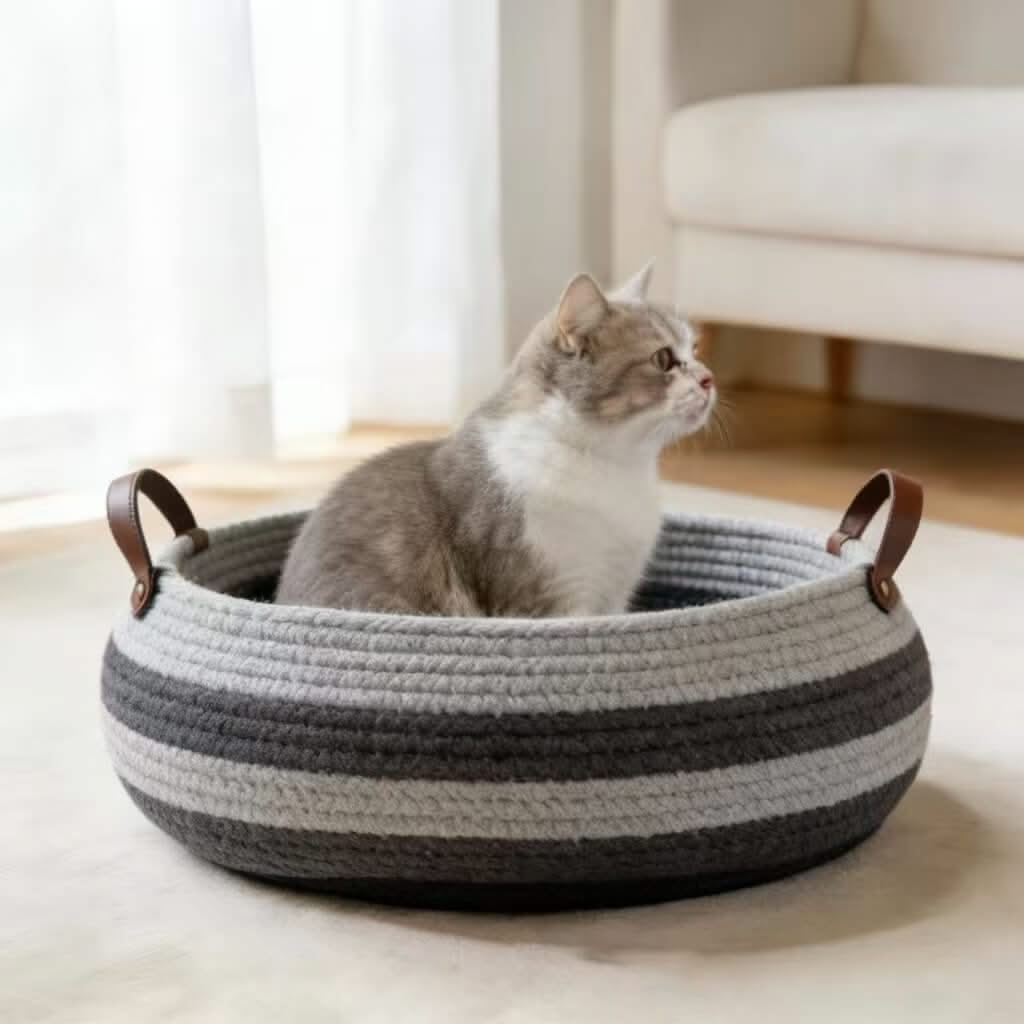 Striped Knit Pet Bed for Cats - Gray, Round, Leather Handle, Durable Fabric