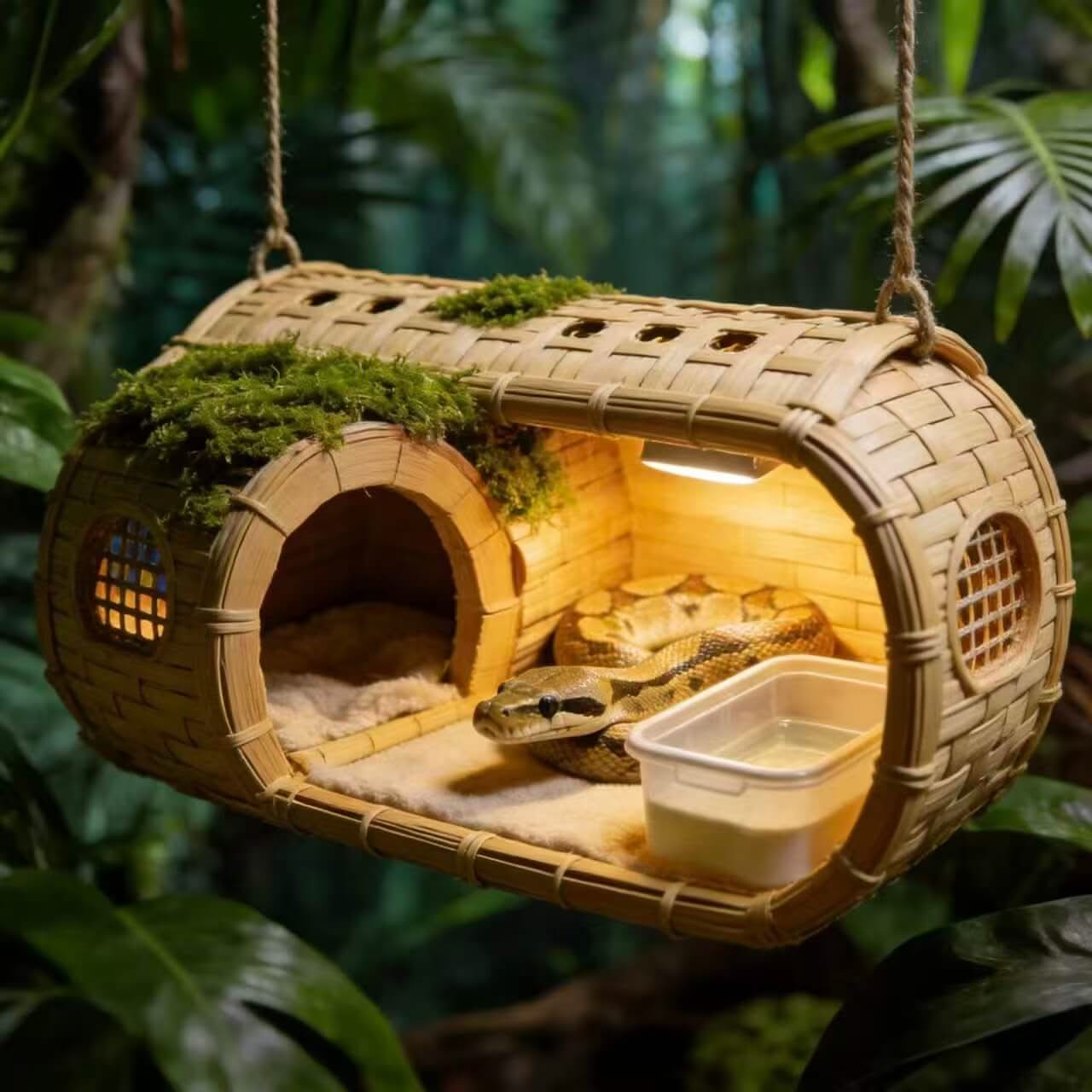 Hanging Bamboo Heated Snake Hide: Built-in Water Dish, Moss Accent for Snakes
