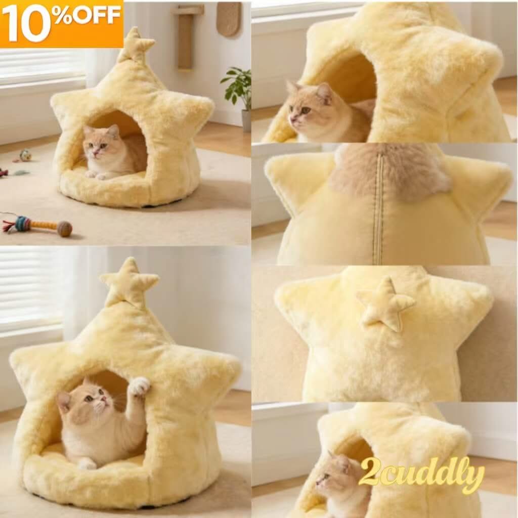 Star-Shaped Pet Cave Bed for Cats - Yellow, Plush Fabric, Cozy Hiding Spot