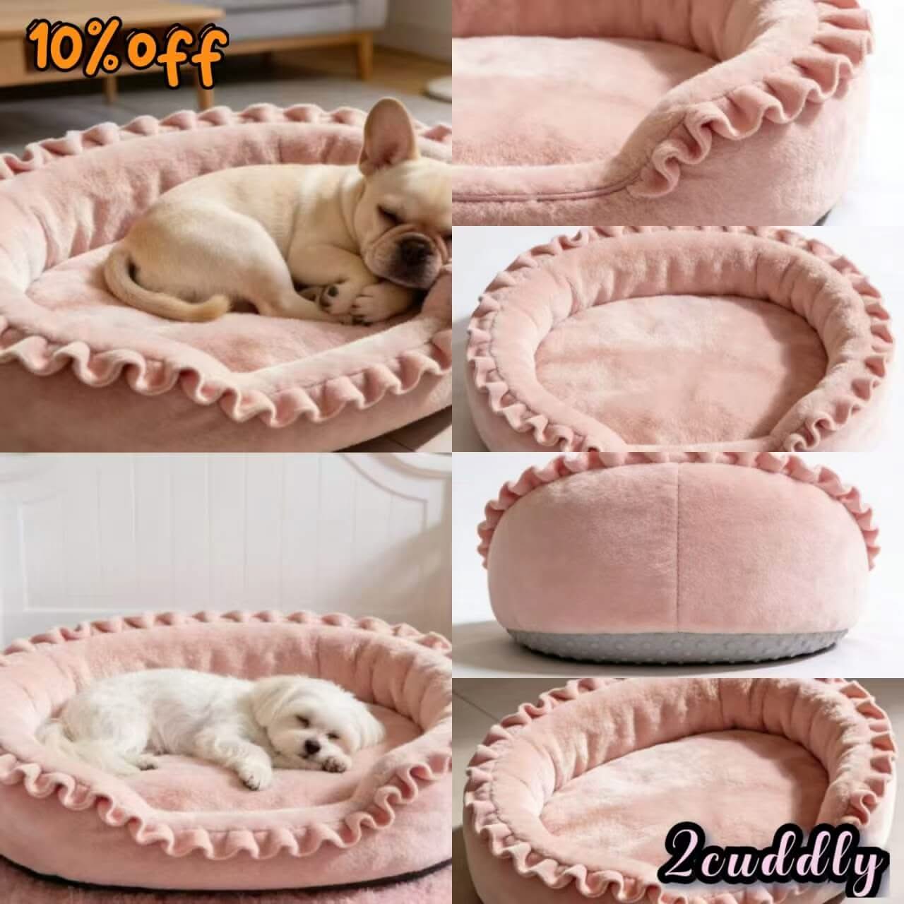 Oval Pet Bed for Dogs - Pink, Ruffled Edge, Stretchy Fabric, Gentle Curves