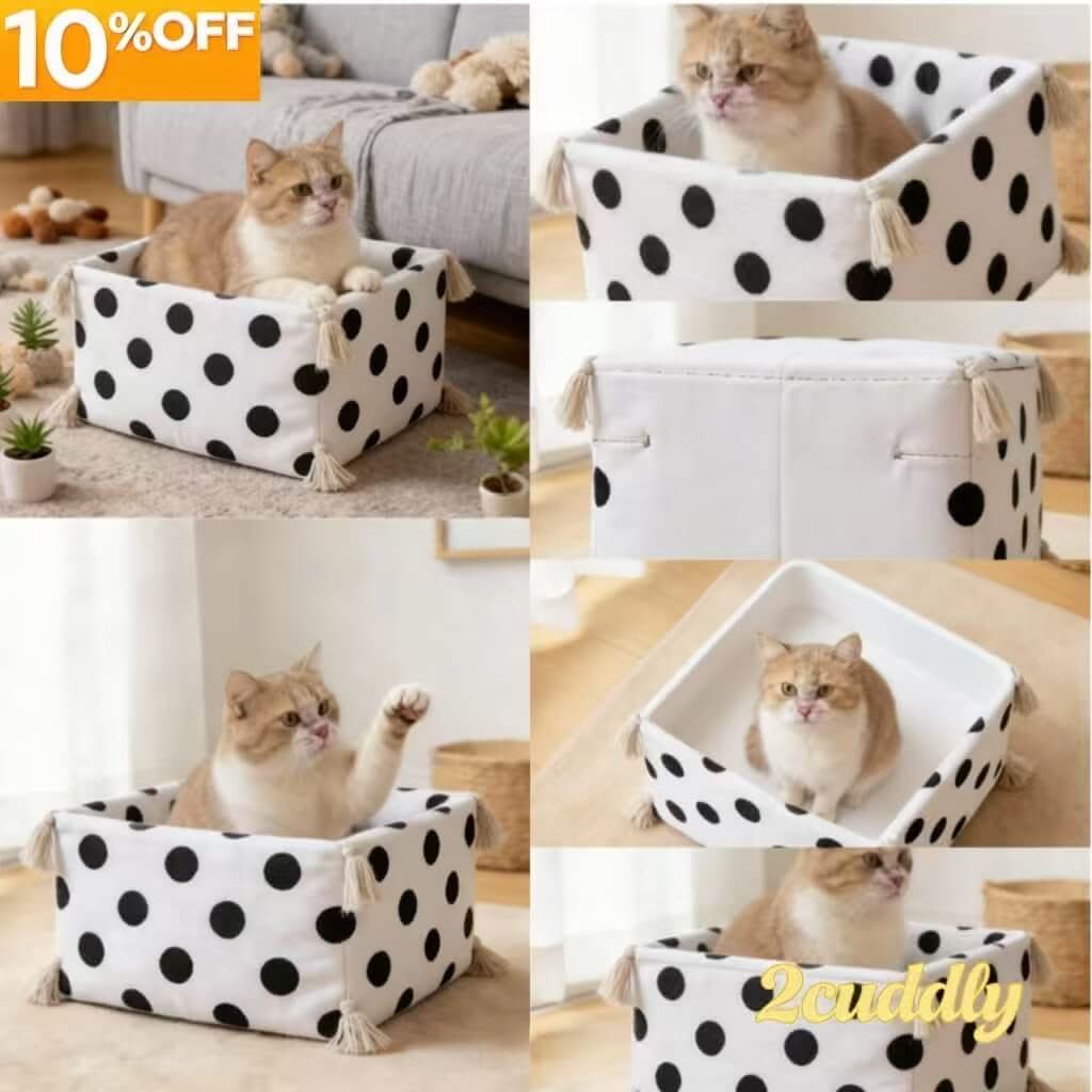 Polka Dot Pet Bed for Cats - White-Black, Square, Tassel Decor, Soft Fabric
