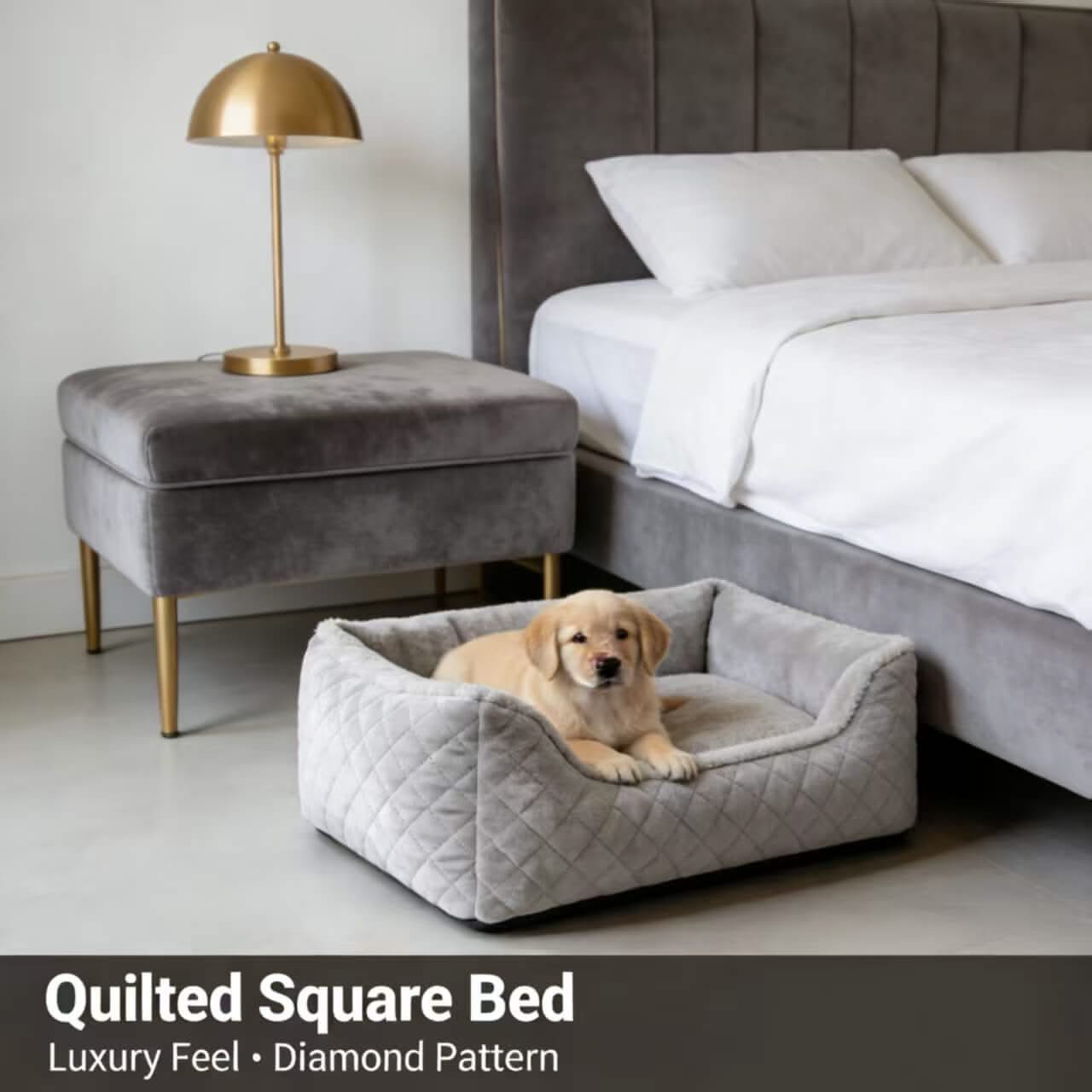Luxury Quilted Pet Bed for Dogs - Gray, Square, Diamond Pattern, Plush Fabric