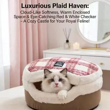 Cozy Enclosed Cat Cave Bed: Pink Plaid Plush, Warm Rest Spot for Cats (Winter-Ready)