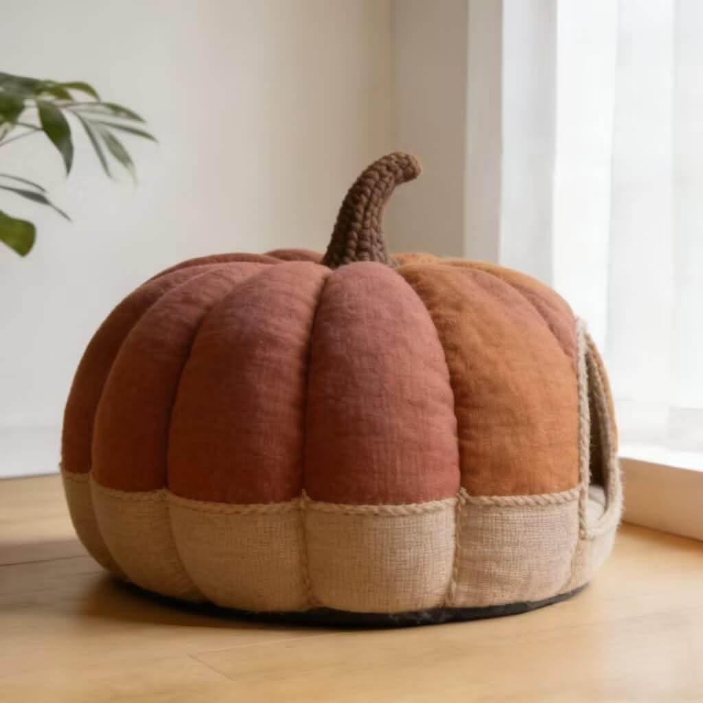Pumpkin-Shaped Pet Cave Bed for Cats - Orange-Brown, Plush, Warm Secure Hiding Spot