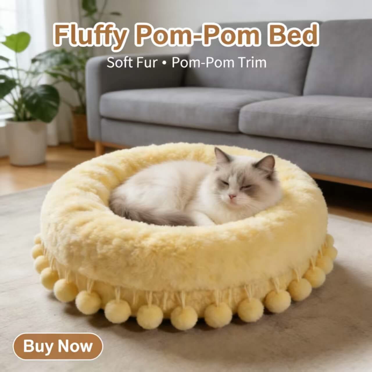 Plush Cozy Pet Bed for Cats - Cream, Round, Pom-Pom Trim, Soft Fleece Fabric