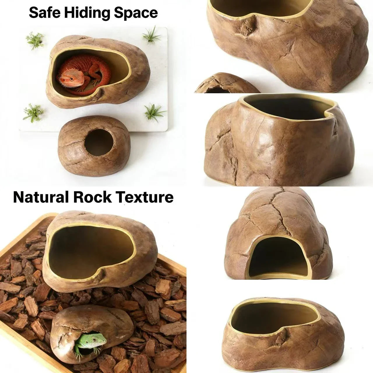 Hide & Rest Lizard Cave for Reptiles (Lizards) - Realistic Rock Texture Durable Resin Wood-Tone