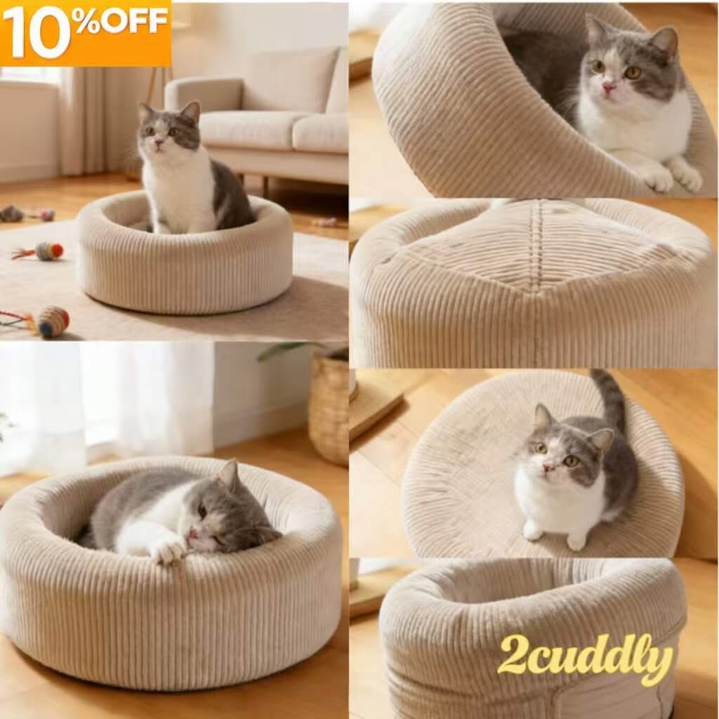 Corduroy Pet Bed for Cats - Beige, Round, Soft Fabric, Cozy Cushion, All-Season