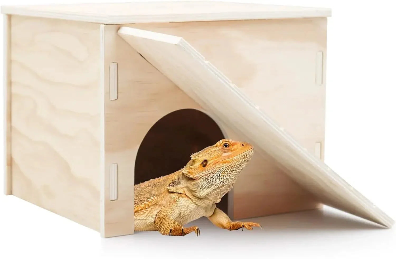 Natural Wooden Reptile Hideout Cave with Climbing Ramp & Basking Platform for Lizards