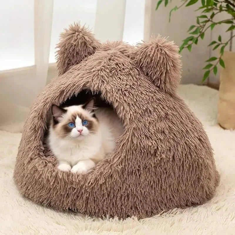 Cozy Plush Cat Cave Bed for Indoor Cats, Self-Warming Washable Cushion