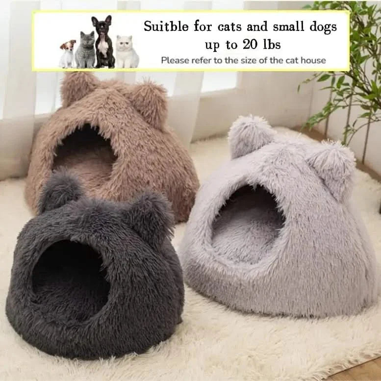 Cozy Plush Cat Cave Bed for Indoor Cats, Self-Warming Washable Cushion