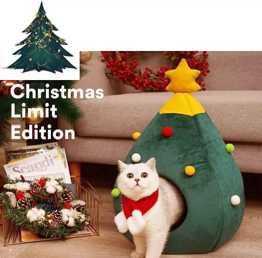Cozy Christmas Tree Pet Bed Cave for Cats Small Dogs, Festive Igloo House