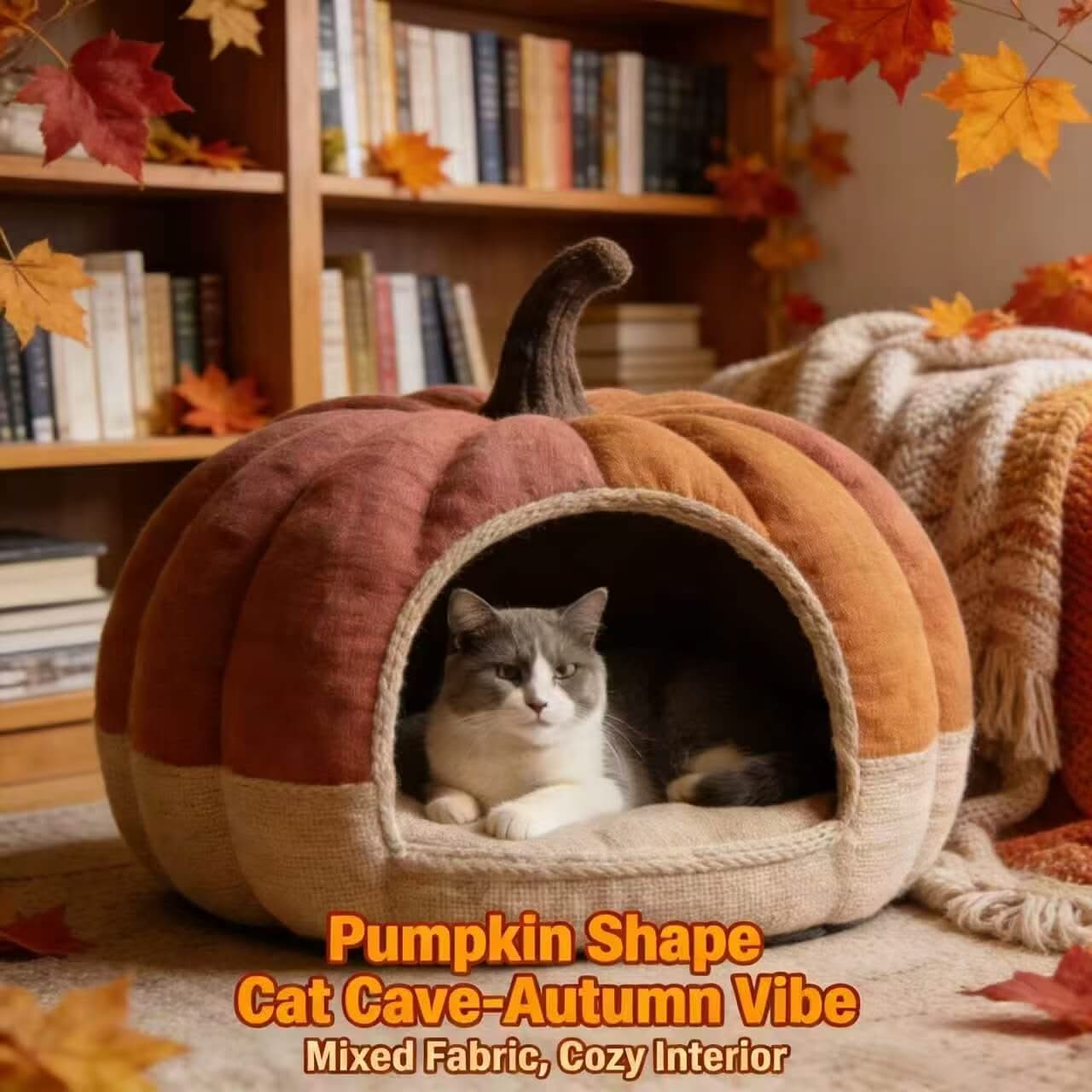 Pumpkin-Shaped Pet Cave Bed for Cats - Orange-Brown, Plush, Warm Secure Hiding Spot