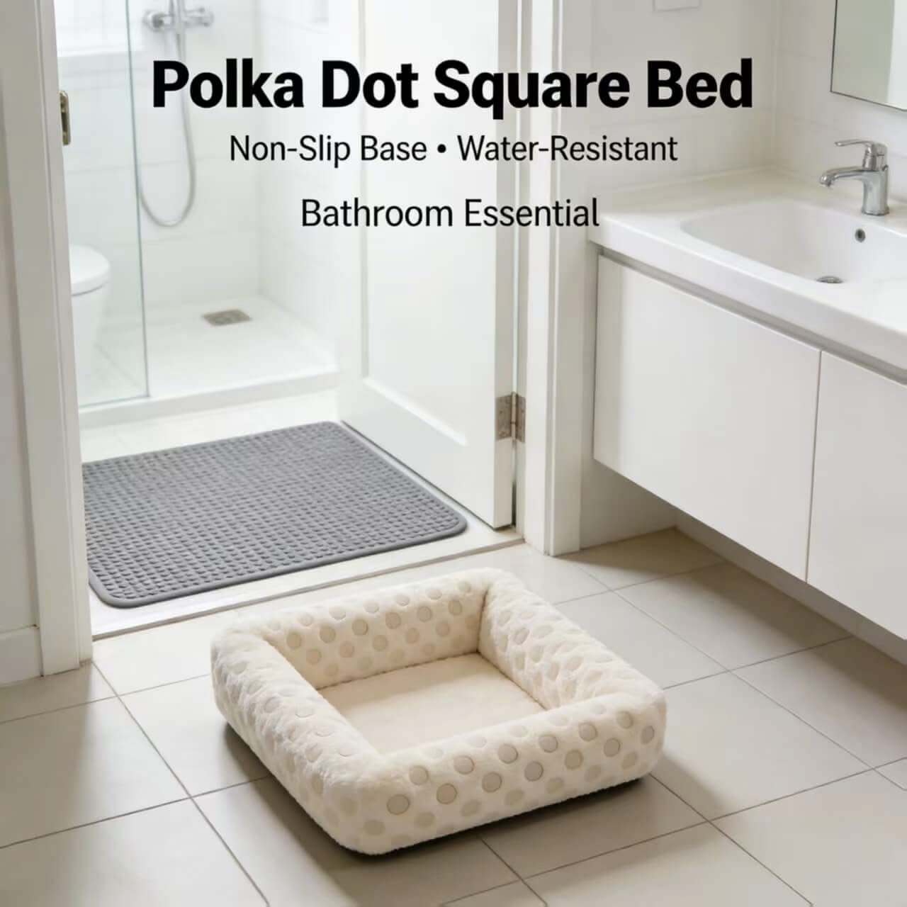 Water-Resistant Pet Bed for Dogs - Beige Polka Dot, Square, Non-Slip Base, Bathroom-Friendly