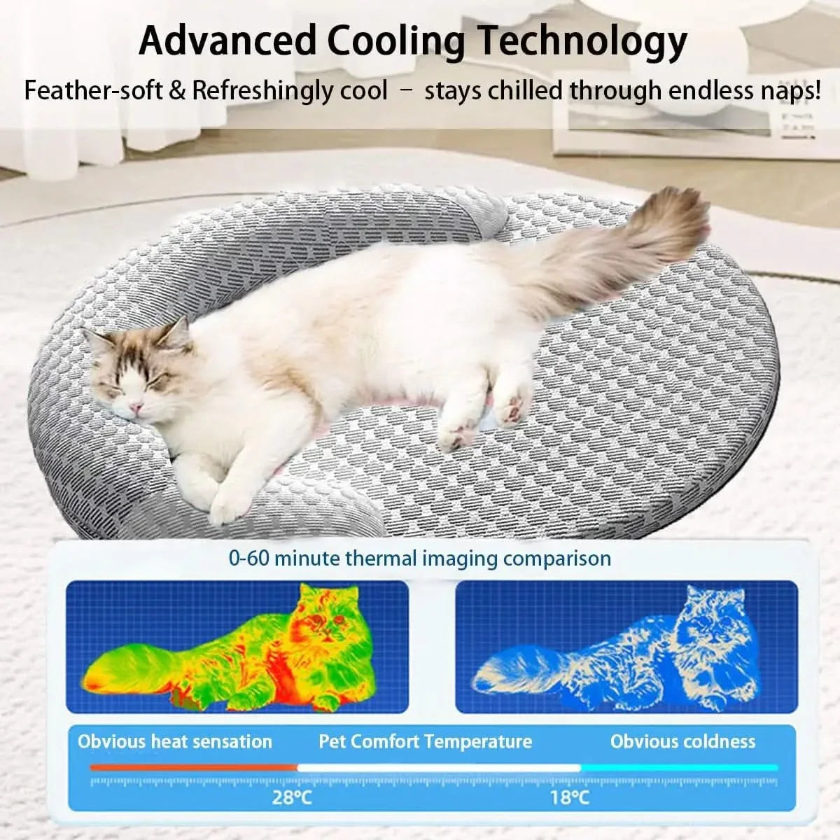 Cooling Cat Bed with Pillow for Indoor Cats, Washable Round Fluffy Pet Cushion