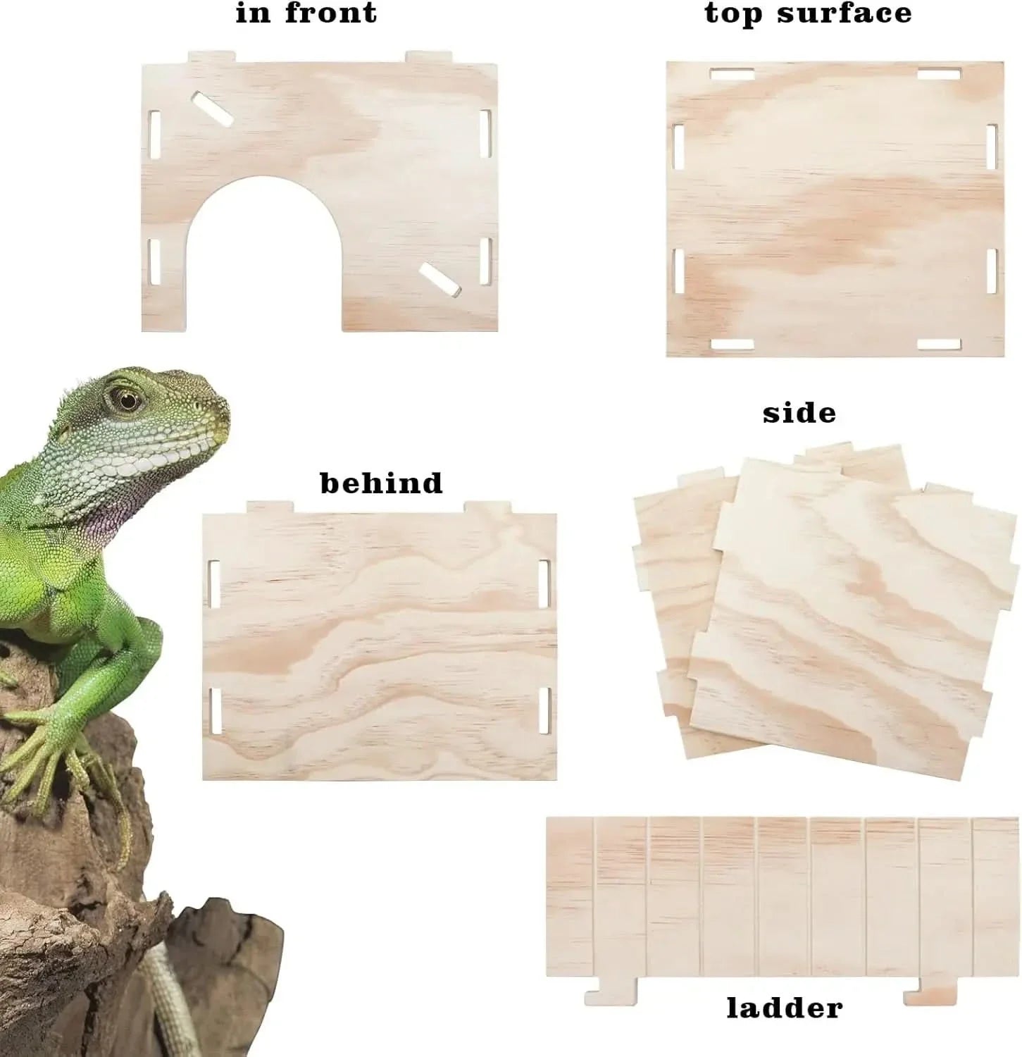 Natural Wooden Reptile Hideout Cave with Climbing Ramp & Basking Platform for Lizards