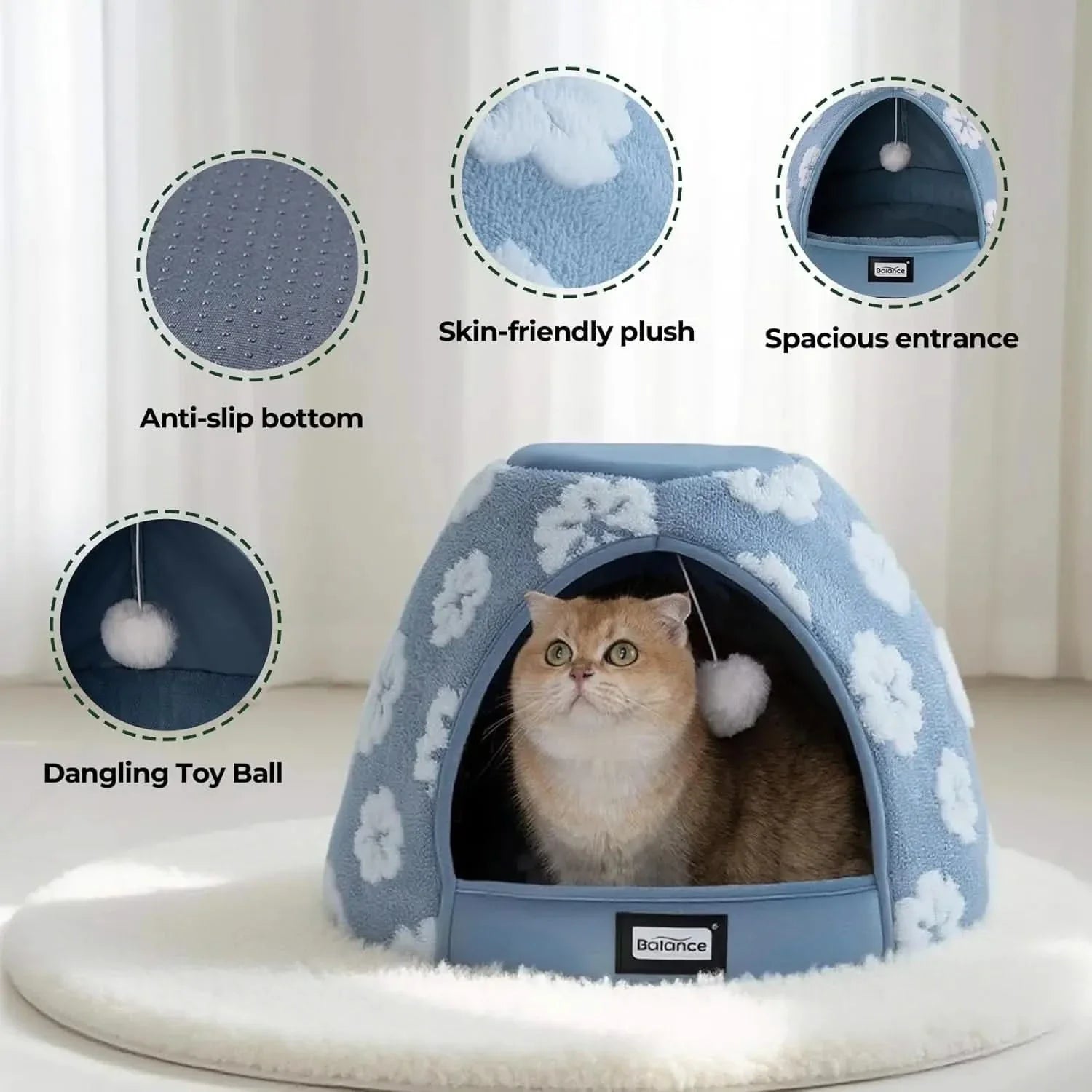 BALANCE Cozy 2-in-1 Plush Cat Bed Cave - Anti-Slip Den