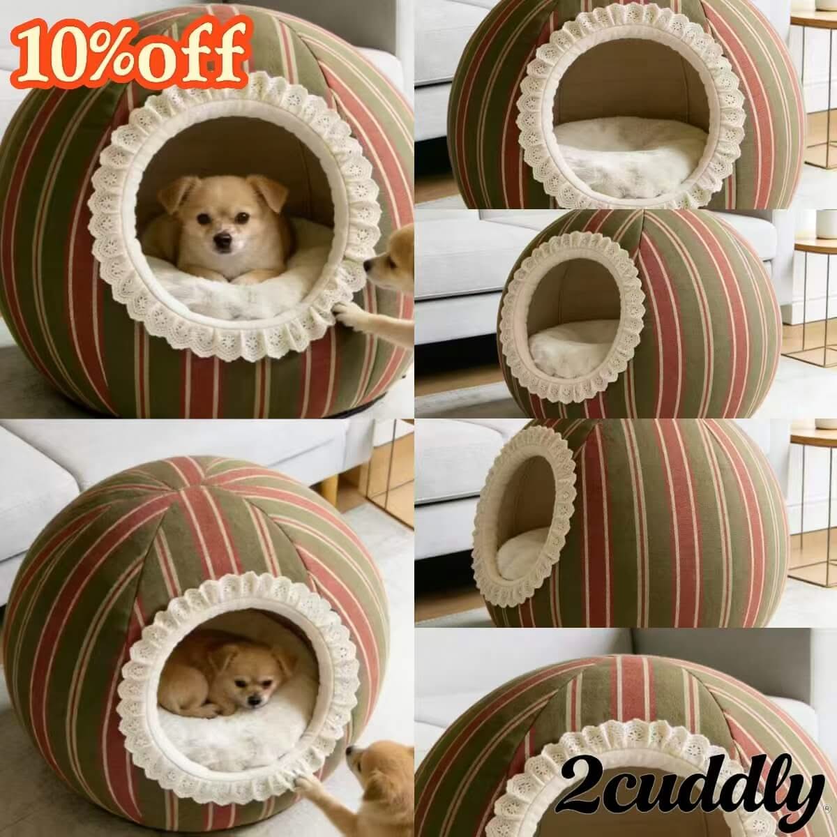 Charming Pet Bed for Dogs, Round Cave Shape, Soft Cushion, Green/Red Stripe