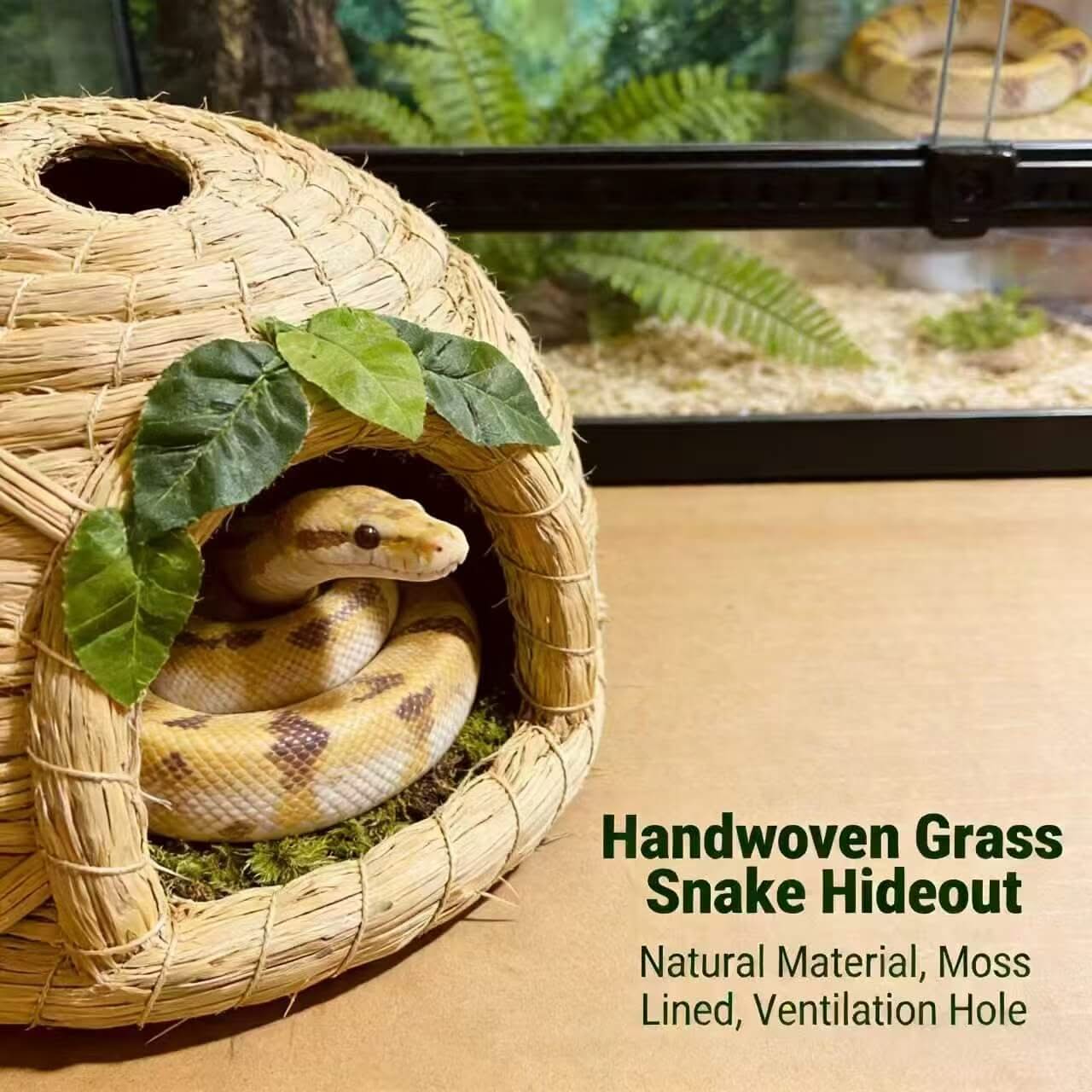 Woven Straw Snake Hide: Moss Lining, Leaf Accent, Ventilated Space for Snakes