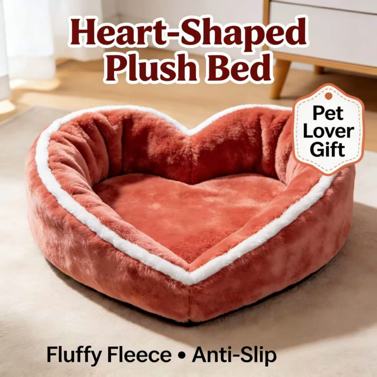 Heart-Shaped Pet Bed , Fluffy Fleece Anti-Slip Red for Small Pets