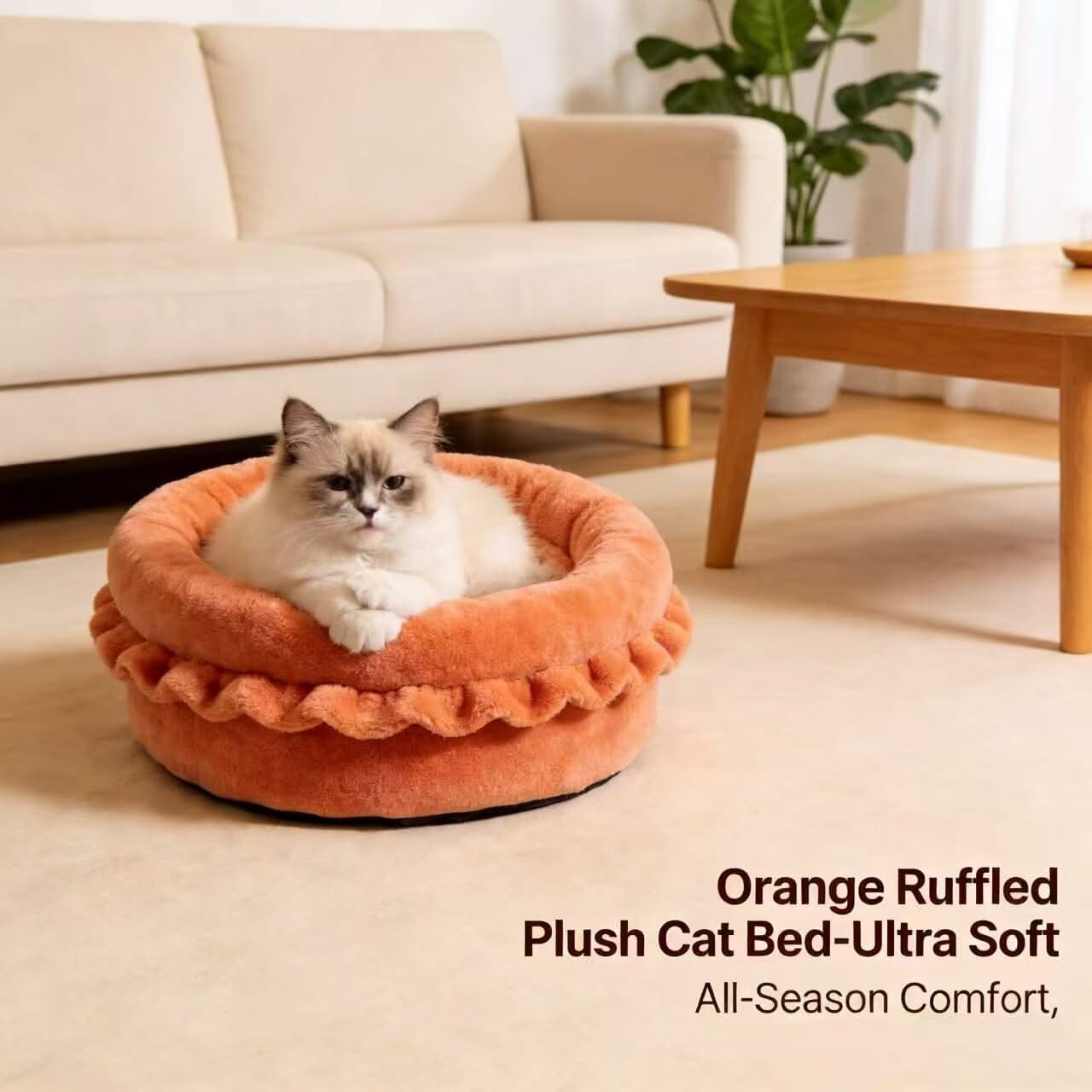Ruffled Plush Pet Bed for Cats - Orange, Round, Ultra Soft, All-Season Comfort