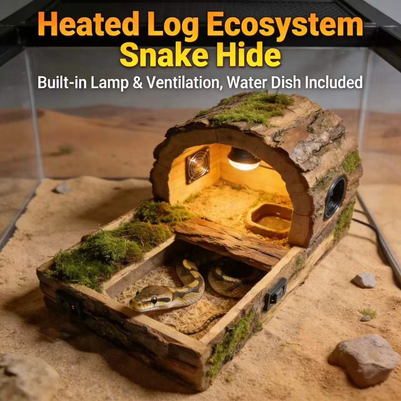 Heated Wood & Moss Snake Hide: Built-in Water Dish, Adjustable Lighting for Snakes