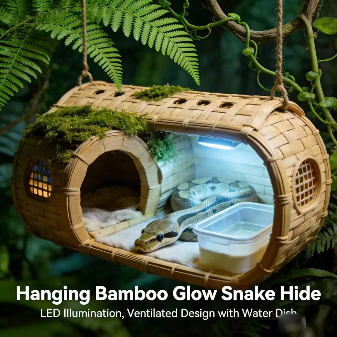 Hanging Bamboo Heated Snake Hide: Built-in Water Dish, Moss Accent for Snakes