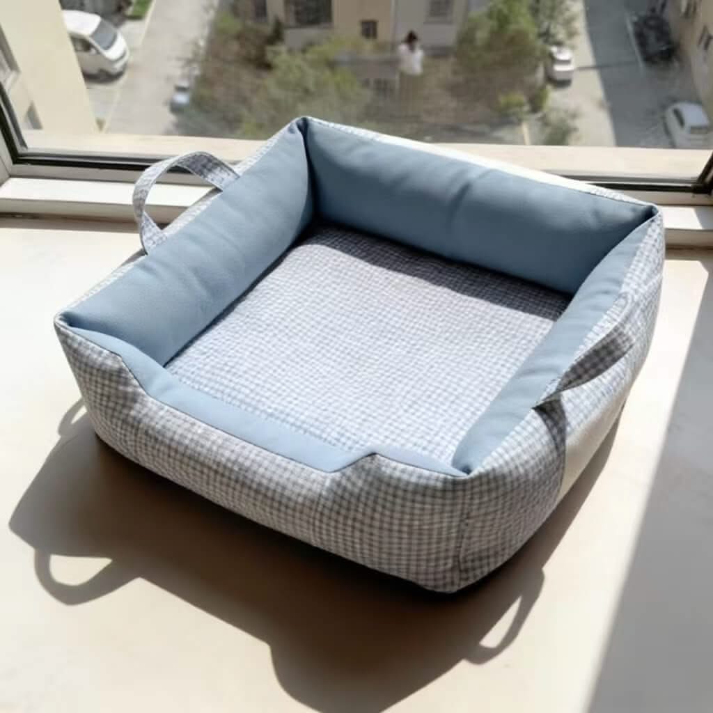 Portable Pet Bed for Cats - Blue Plaid, Square, Handle Design, Soft Fabric