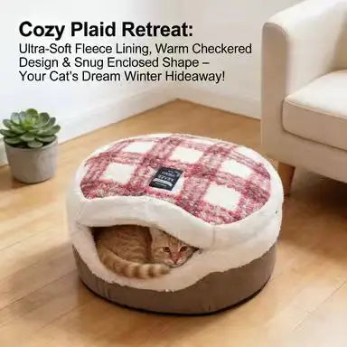 Cozy Enclosed Cat Cave Bed: Pink Plaid Plush, Warm Rest Spot for Cats (Winter-Ready)