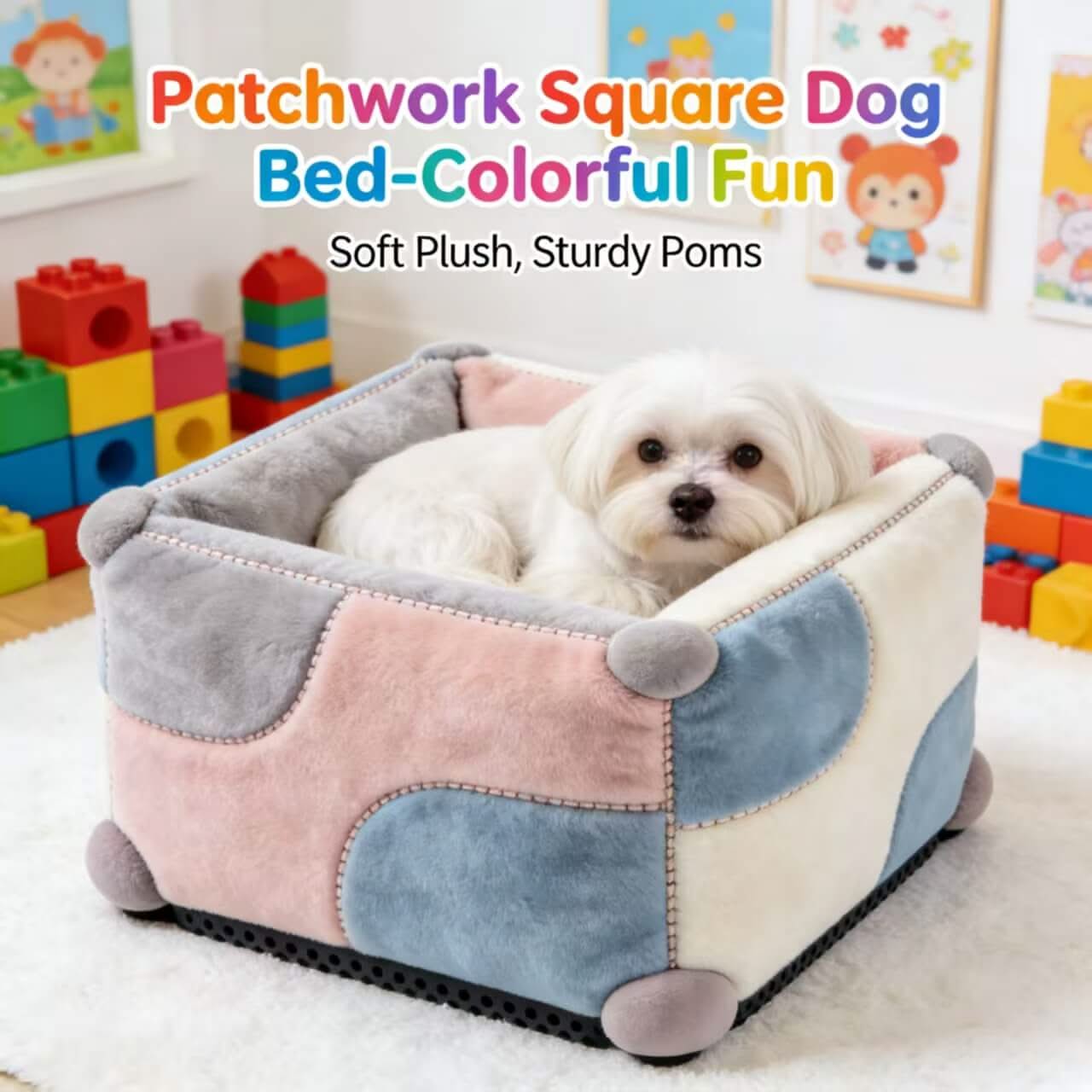 Patchwork Square Dog Bed, Soft Plush Sturdy Poms Colorful for Small Dogs