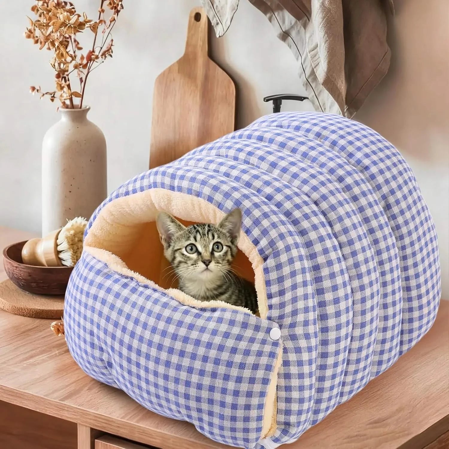 Novabright Gingham Checkered Cat Cave Bed – Thickened Warm Pet Sleep Bag