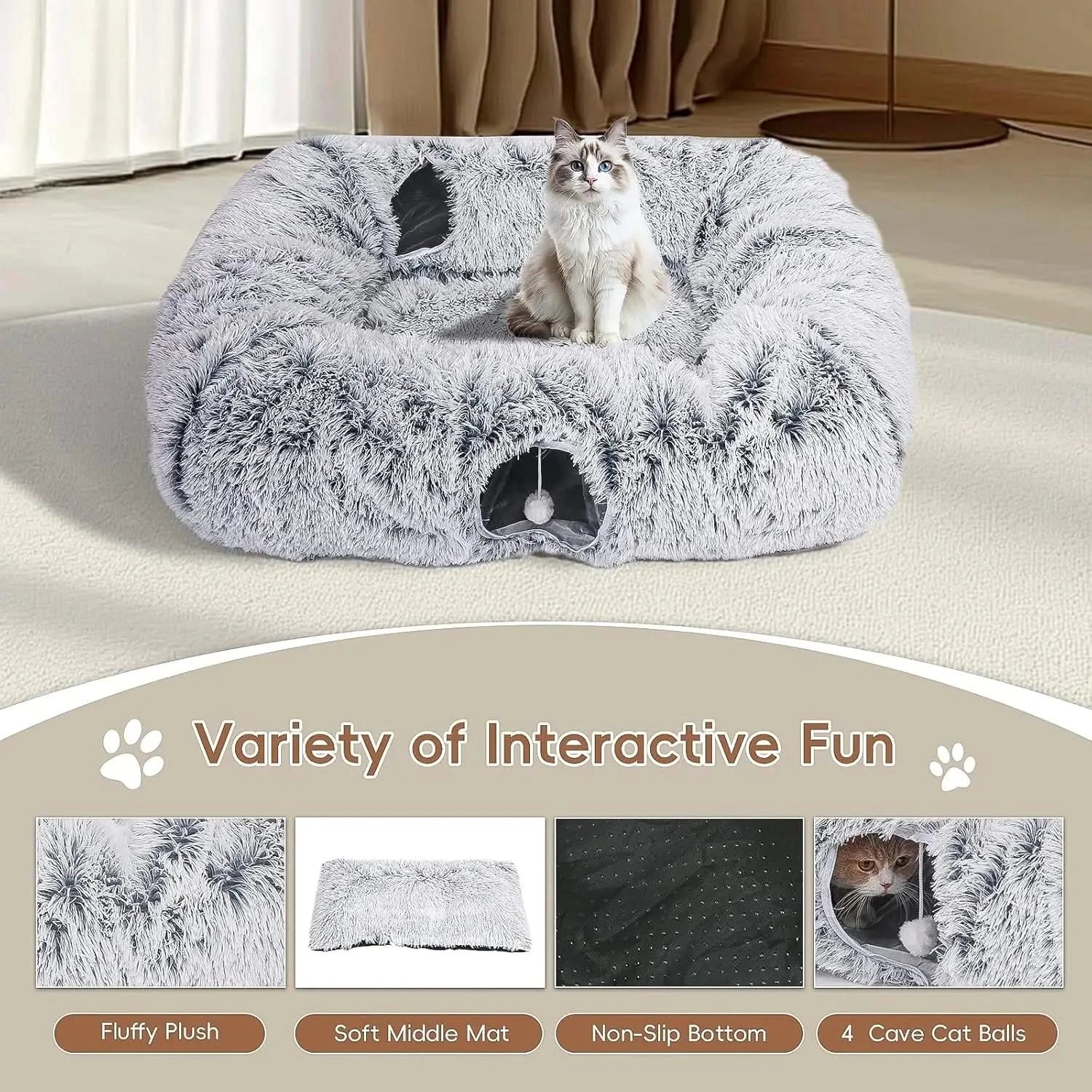 Extra Large Plush Cat Tunnel Bed: 4-Way Tunnels, Multi-Cat Cave