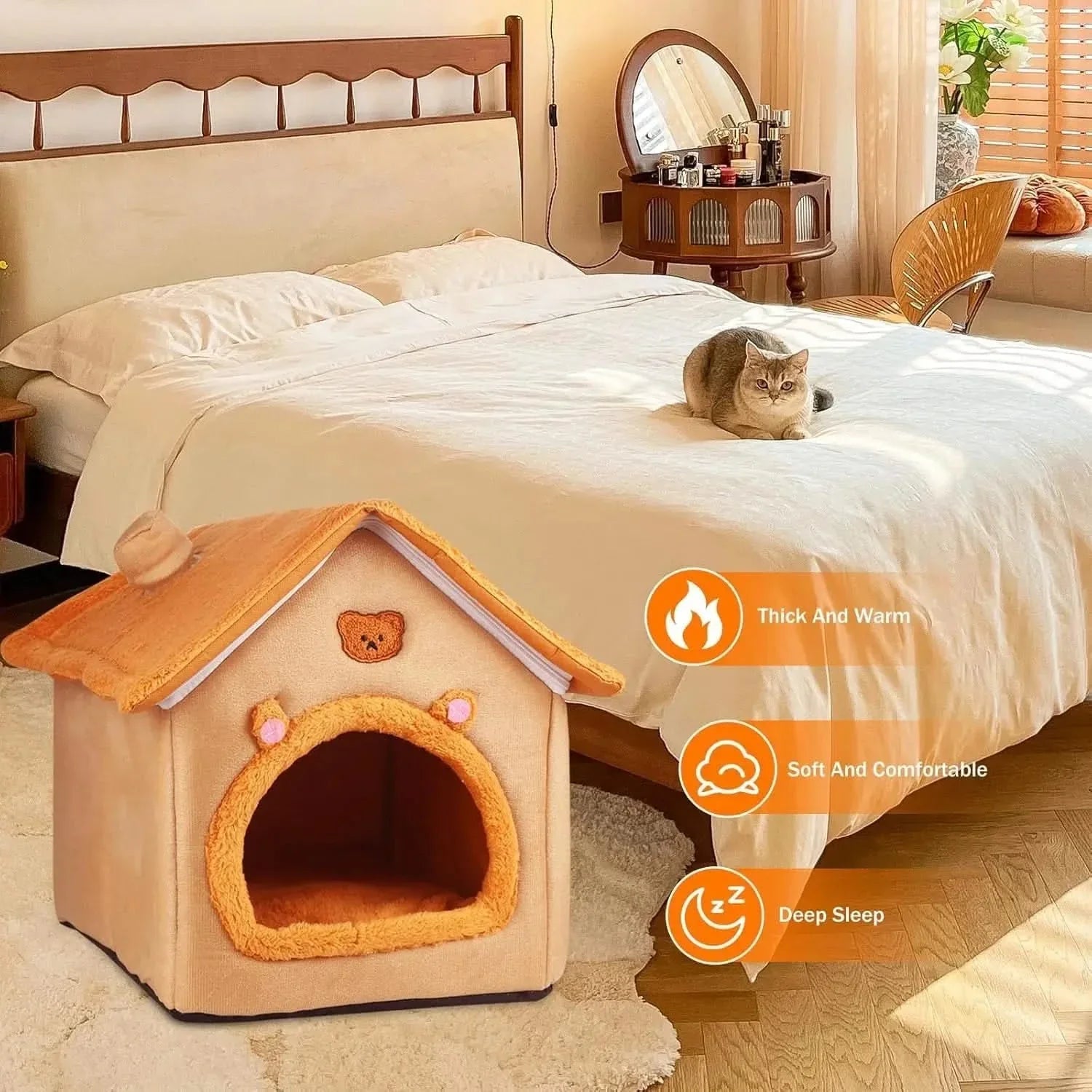 Plush Orange Indoor Cat Dog House Tent Bed - Non-Slip Cozy Comfort