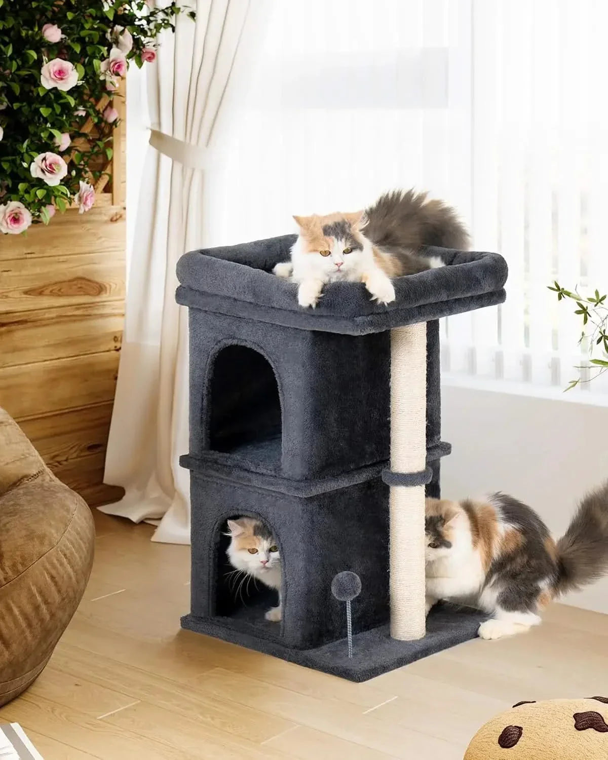 Sturdy 28-inch Cat Tree Tower: Spacious Window Perch, Sisal Scratch Post, Dual Condos