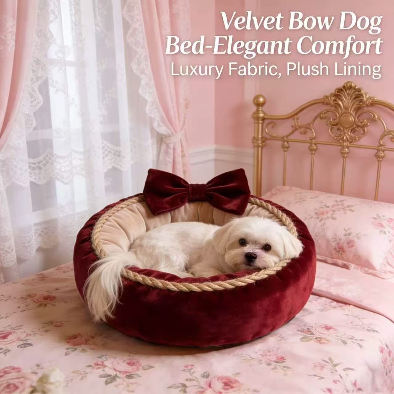 Elegant Velvet Pet Bed for Dogs - Burgundy, Round, Bow Decor, Plush Lining